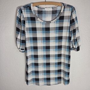 Orange Farm U.S.A Womens Top Size M Blue Plaid Short Sleeve Round Neck